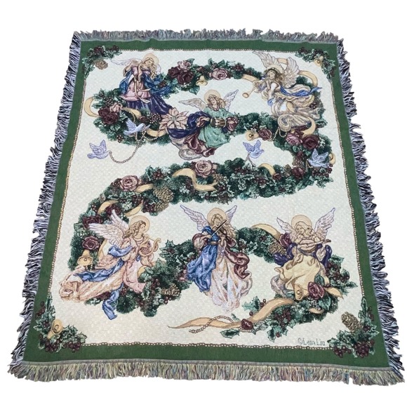 Lena Liu Angel Wreath Tapestry Throw Blanket 52x62 Angels Floral Cozy Cottage - Picture 1 of 7